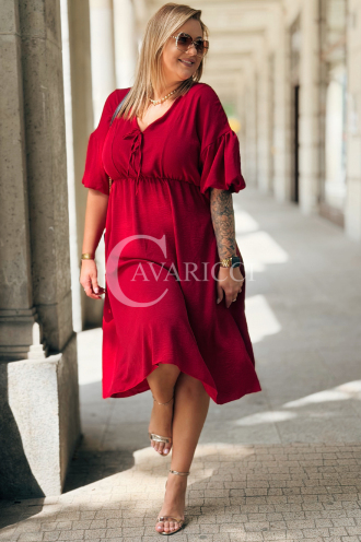 Kleid SAVINA Plus Size Weinrot – Rüschen & Bindung