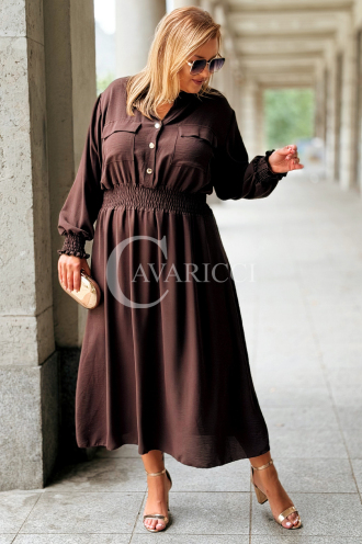 Sukienka GRETA Plus Size Złote Guziki Czekoladowa Midi