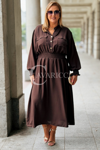 Sukienka GRETA Plus Size Złote Guziki Czekoladowa Midi