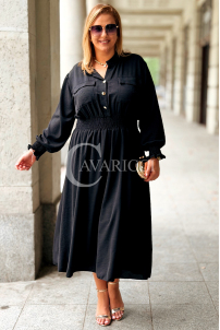 Schwarzes Plus-Size-Kleid GRETA mit Goldknöpfen | Midi