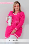 LUVINEVA - Stylowy sweter o długim fasonie z dekoltem w literę V i ozdobnym ściegiem w kolorze landrynkowym