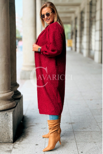 JOSEFINE Langer Cardigan-Mantel in Weinrot mit Taschen