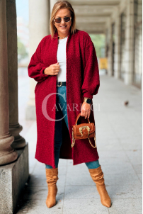 JOSEFINE Langer Cardigan-Mantel in Weinrot mit Taschen