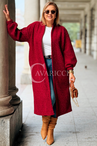 JOSEFINE Langer Cardigan-Mantel in Weinrot mit Taschen