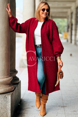 JOSEFINE Langer Cardigan-Mantel in Weinrot mit Taschen