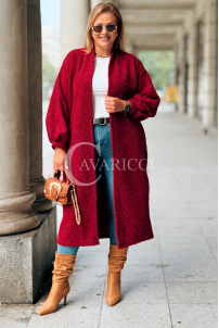 JOSEFINE Langer Cardigan-Mantel in Weinrot mit Taschen
