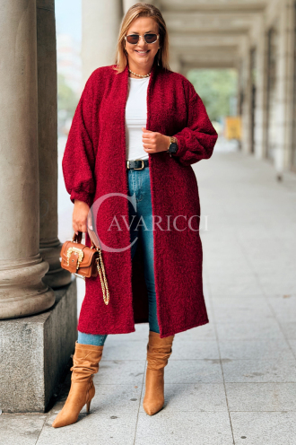 JOSEFINE Langer Cardigan-Mantel in Weinrot mit Taschen
