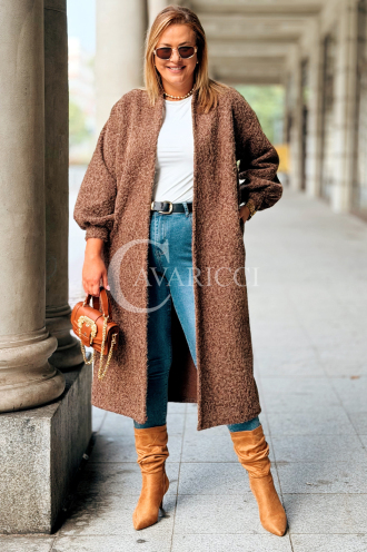 JOSEFINE Langer Cardigan-Mantel Locker mit Taschen Schokolade