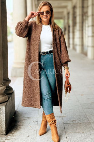 JOSEFINE Langer Cardigan-Mantel Locker mit Taschen Schokolade