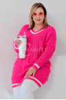 LUVINEVA - Stilvoller Pullover in langer Passform mit V-Ausschnitt und dekorativem Strichmuster in Bonbonfarbe