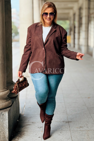 INGRID Zamszowa Marynarka Plus Size – Elegancja w Czekoladzie