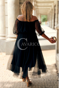 SIGRID Lange Tüll-Schulterfreies Kleid mit Punkten Schwarz