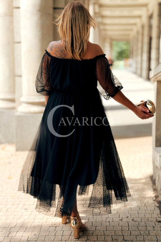 SIGRID Lange Tüll-Schulterfreies Kleid mit Punkten Schwarz