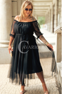 SIGRID Lange Tüll-Schulterfreies Kleid mit Punkten Schwarz