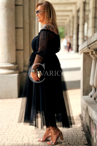 SIGRID Lange Tüll-Schulterfreies Kleid mit Punkten Schwarz