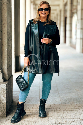 WIBKE Lederweste Schwarz mit Bindegürtel & Taschen