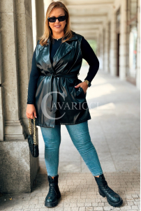 WIBKE Lederweste Schwarz mit Bindegürtel & Taschen