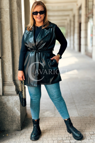 WIBKE Lederweste Schwarz mit Bindegürtel & Taschen