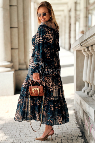 Lange Schulterfreie Kleid Blau Leopard mit Rüschen Plus Size
