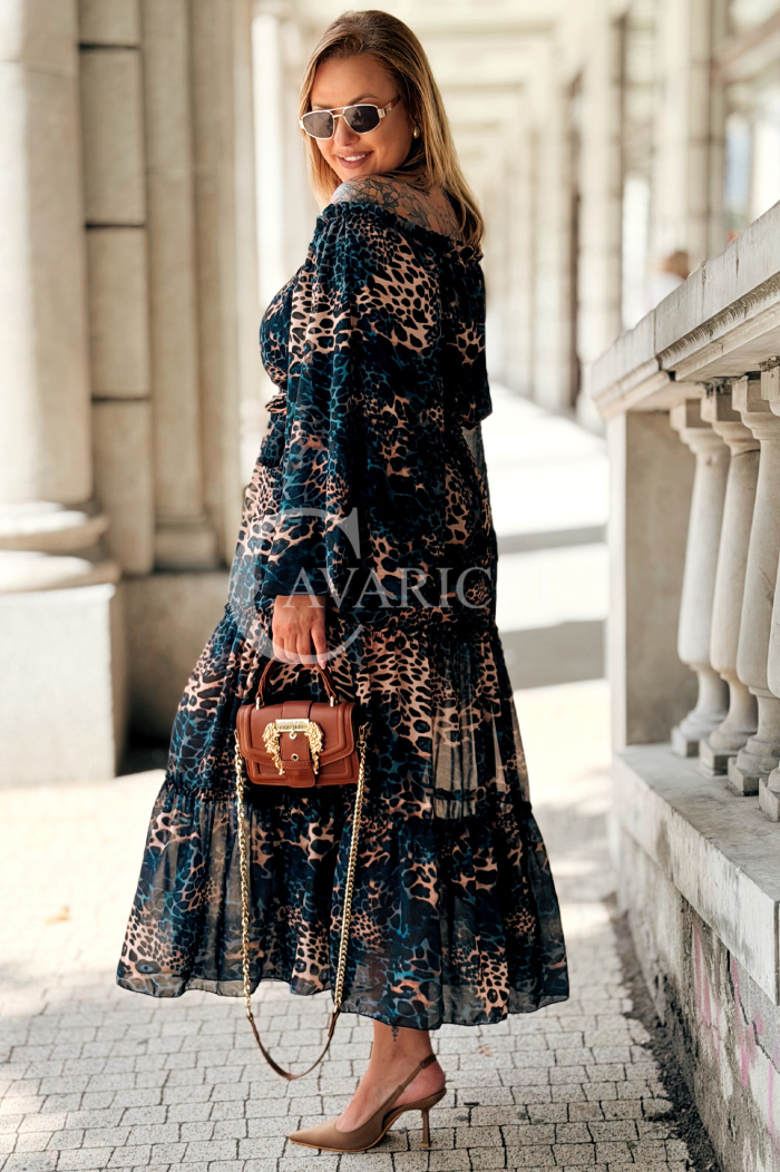 Lange Schulterfreie Kleid Blau Leopard mit Rüschen Plus Size