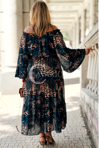 Lange Schulterfreie Kleid Blau Leopard mit Rüschen Plus Size