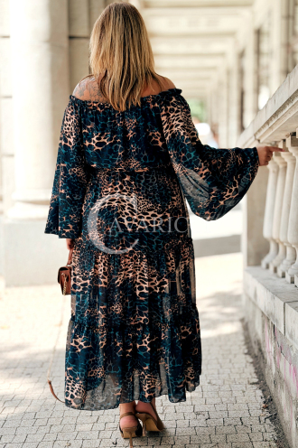 Lange Schulterfreie Kleid Blau Leopard mit Rüschen Plus Size
