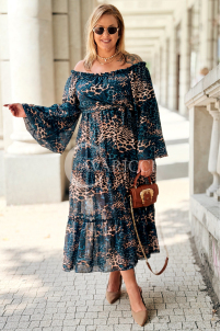 Lange Schulterfreie Kleid Blau Leopard mit Rüschen Plus Size