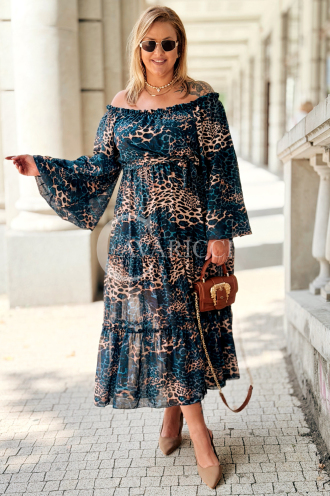 Lange Schulterfreie Kleid Blau Leopard mit Rüschen Plus Size