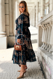 Lange Schulterfreie Kleid Blau Leopard mit Rüschen Plus Size