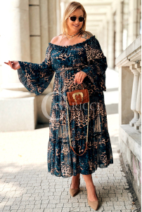 Lange Schulterfreie Kleid Blau Leopard mit Rüschen Plus Size