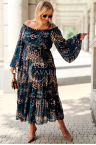 DOROTHEE Langes Spanisches Kleid Panther mit Rüschen in Blau