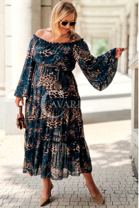 Lange Schulterfreie Kleid Blau Leopard mit Rüschen Plus Size