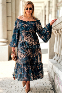 Lange Schulterfreie Kleid Blau Leopard mit Rüschen Plus Size
