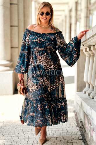 Lange Schulterfreie Kleid Blau Leopard mit Rüschen Plus Size
