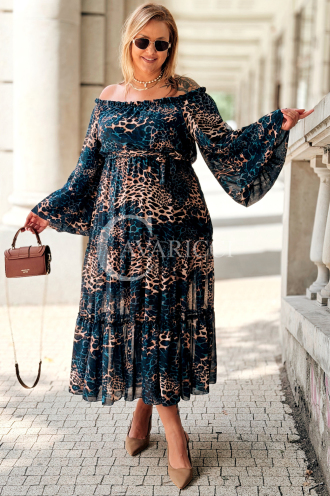 Lange Schulterfreie Kleid Blau Leopard mit Rüschen Plus Size