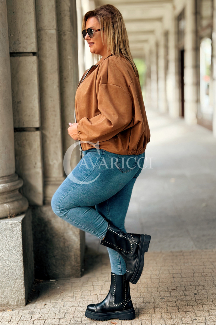 SABINE Kurze Wildlederjacke Karamell mit Bund | 119 zł