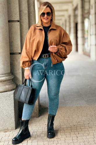 SABINE Kurze Wildlederjacke Karamell mit Bund | 119 zł