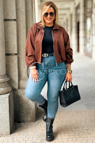 SABINE Kurze Wildlederjacke Schokolade mit Bund | 119 zł
