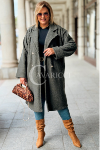 ERIKA Eleganter Bouclé-Mantel in Khaki mit Knöpfen
