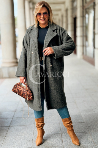 ERIKA Eleganter Bouclé-Mantel in Khaki mit Knöpfen
