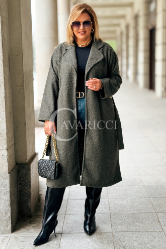 JUTTANI Eleganter Bouclé-Mantel in Khaki mit Gürtel