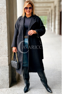 JUTTANI Eleganter Bouclé-Mantel Schwarz mit Gürtel