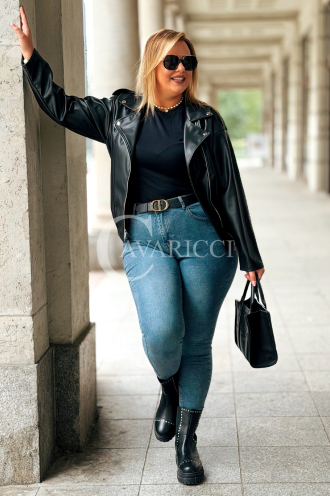 KARLA Kurze Leder-Bikerjacke mit Reißverschluss in Schwarz