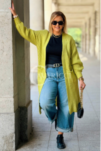 VALESCA Langer Cardigan mit Taschen Limonengrün | Maxi