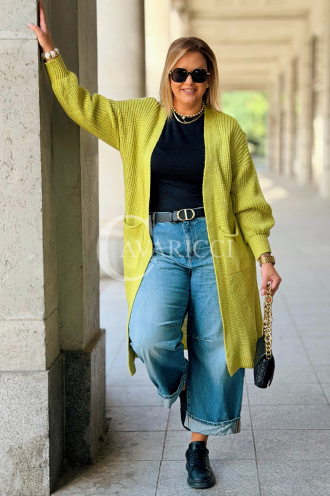 VALESCA Langer Cardigan mit Taschen Limonengrün | Maxi