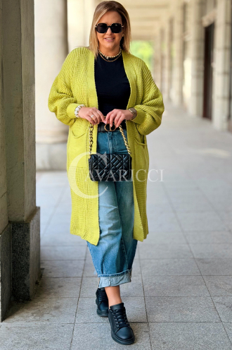 VALESCA Langer Cardigan mit Taschen Limonengrün | Maxi