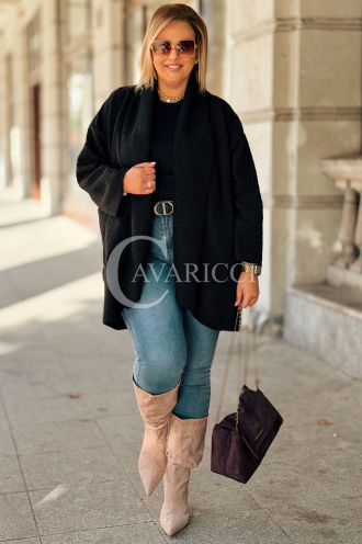 HENRIETTE Damen Boucle Mantel in Schwarz – Eleganz ohne Knöpfe