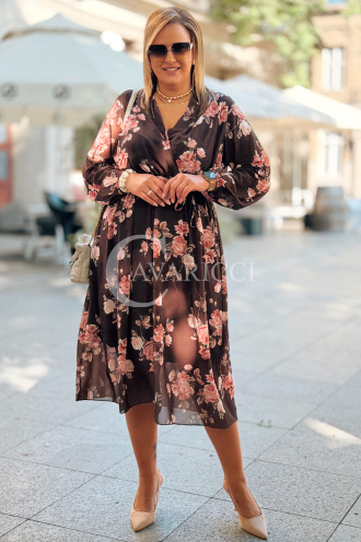 IDA Plus Size Blumenkleid mit Wickelausschnitt in Schokobraun