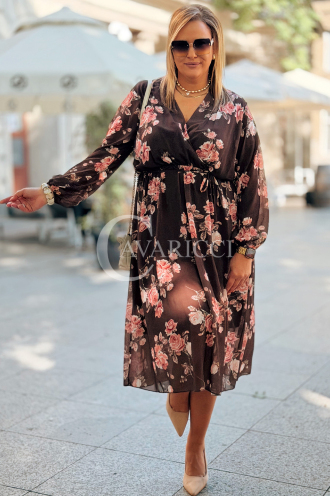 IDA Plus Size Blumenkleid mit Wickelausschnitt in Schokobraun