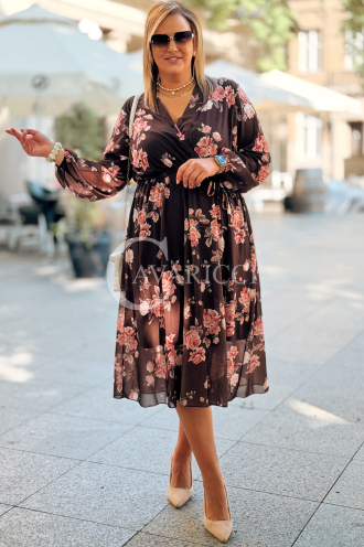 IDA Plus Size Blumenkleid mit Wickelausschnitt in Schokobraun